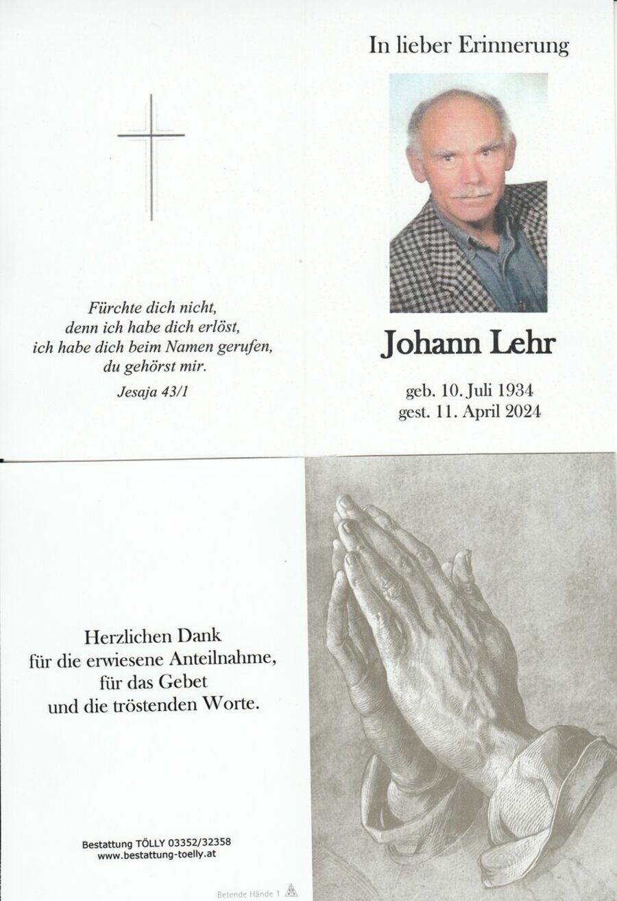 Gedenkkarte Johann Lehr