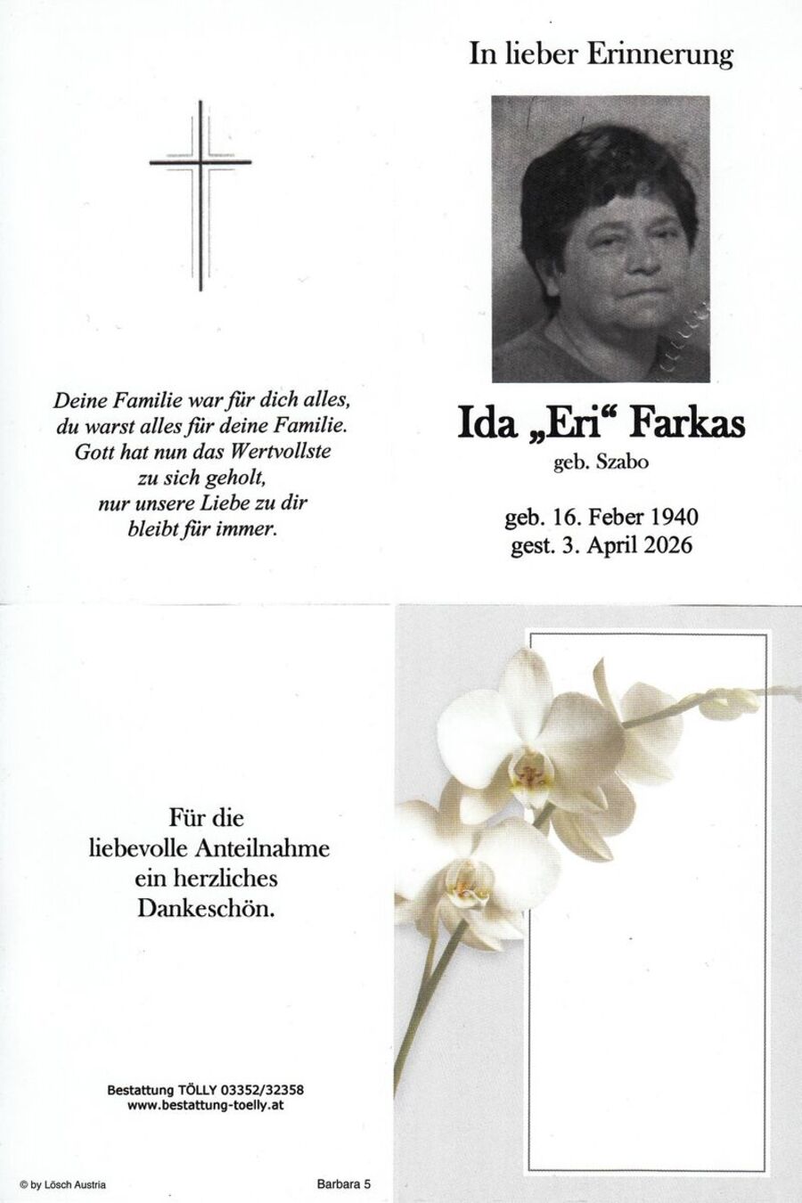 Gedenkkarte Ida "Eri" Farkas