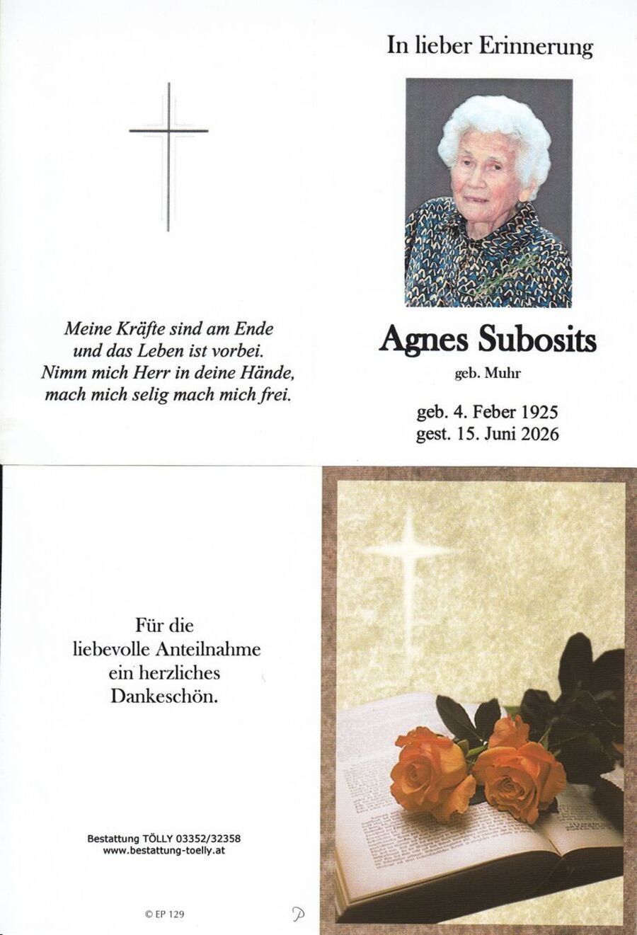 Gedenkkarte Agnes Subosits