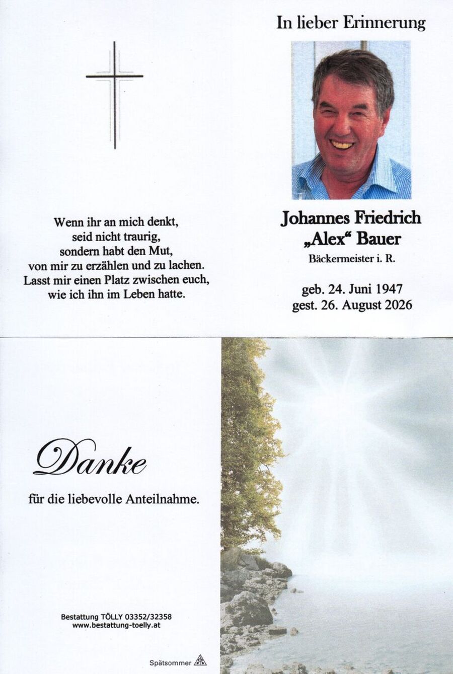 Gedenkkarte Johannes Friedrich "Alex" Bauer