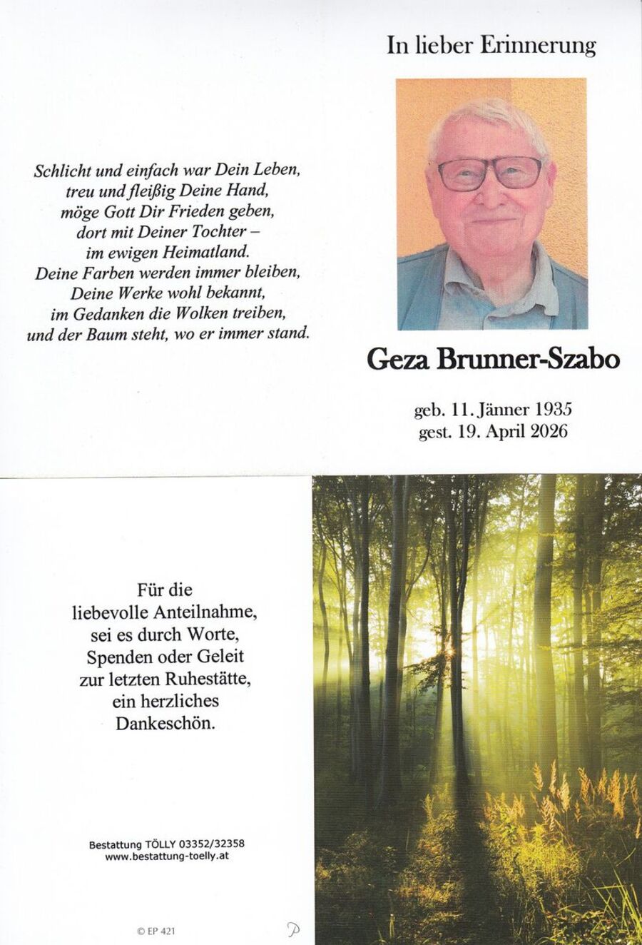 Gedenkkarte Geza Brunner-Szabo