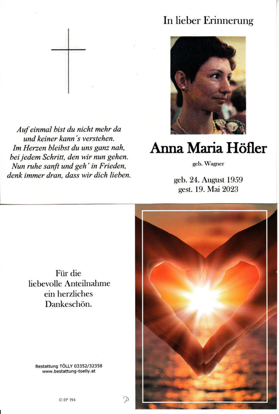 Gedenkkarte Anna Maria Höfler