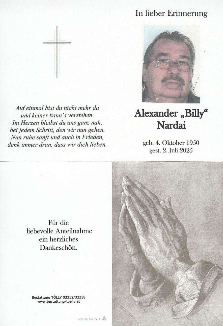 Gedenkkarte Alexander "Billy" Nardai