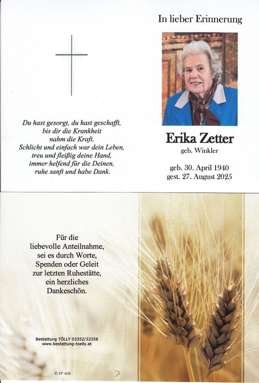 Gedenkkarte Erika Zetter
