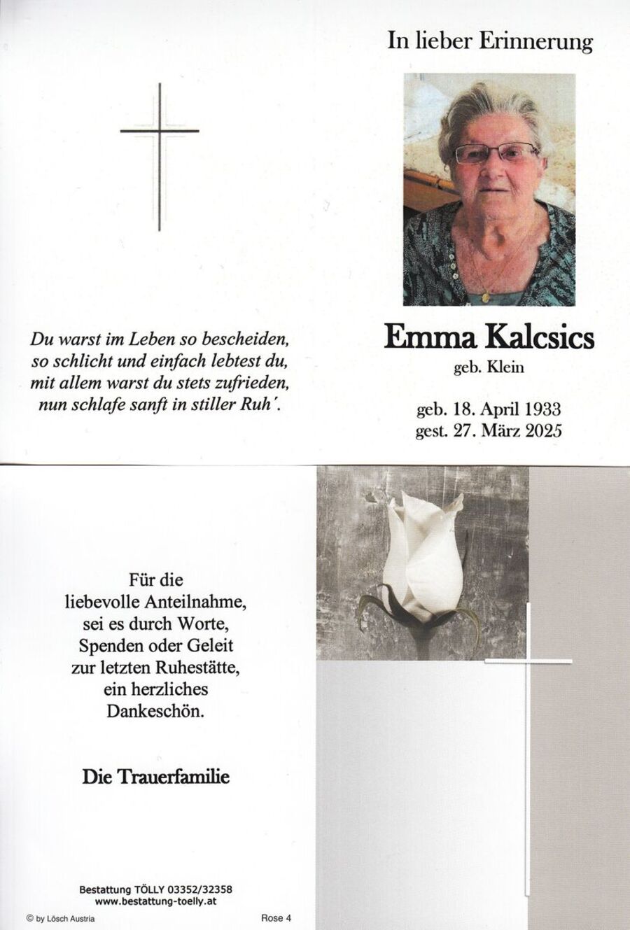 Gedenkkarte Emma Kalcsics