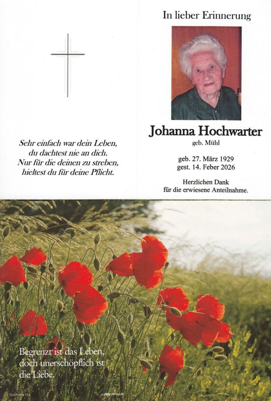 Gedenkkarte Johanna Hochwarter