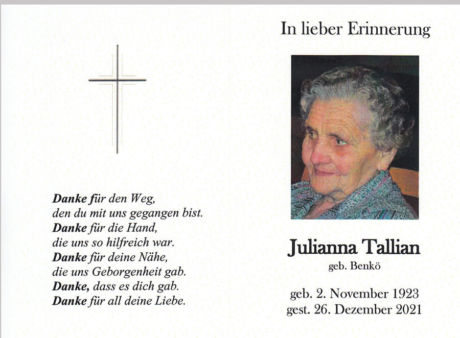 Gedenkkarte Julianna Tallian