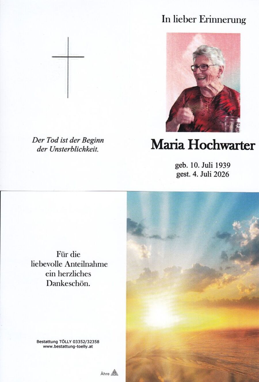 Gedenkkarte Maria Hochwarter