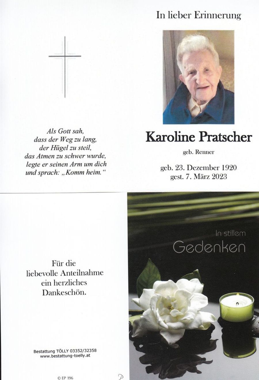 Gedenkkarte Karoline Pratscher