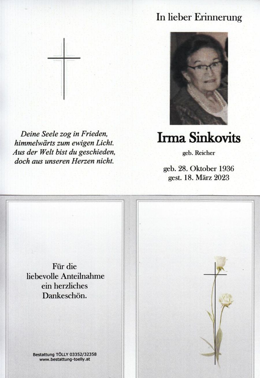 Gedenkkarte Irma Sinkovits