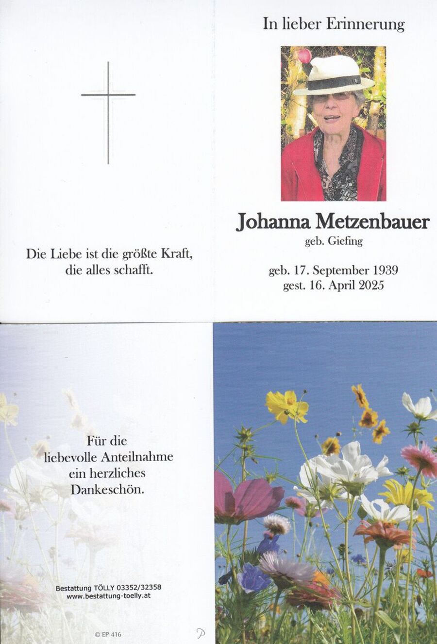 Gedenkkarte Johanna Metzenbauer