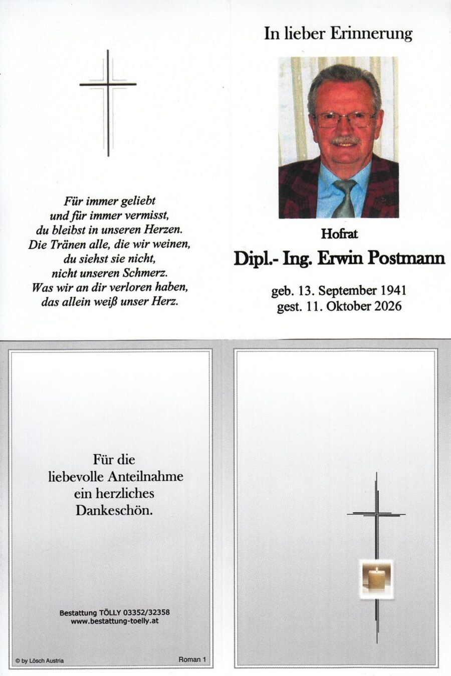 Gedenkkarte Hofrat Dipl.- Ing. Erwin Postmann