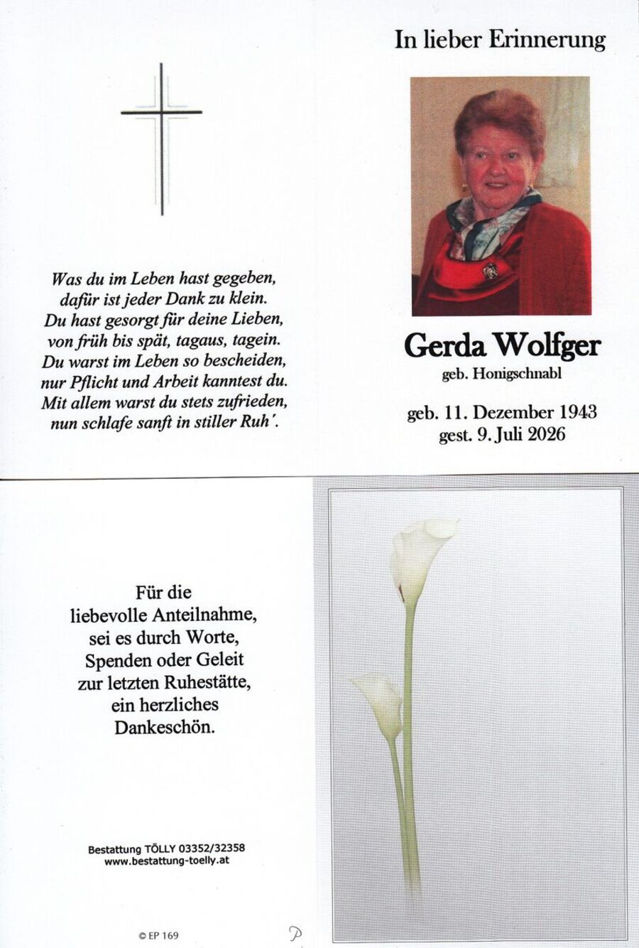 Gedenkkarte Gerda Wolfger
