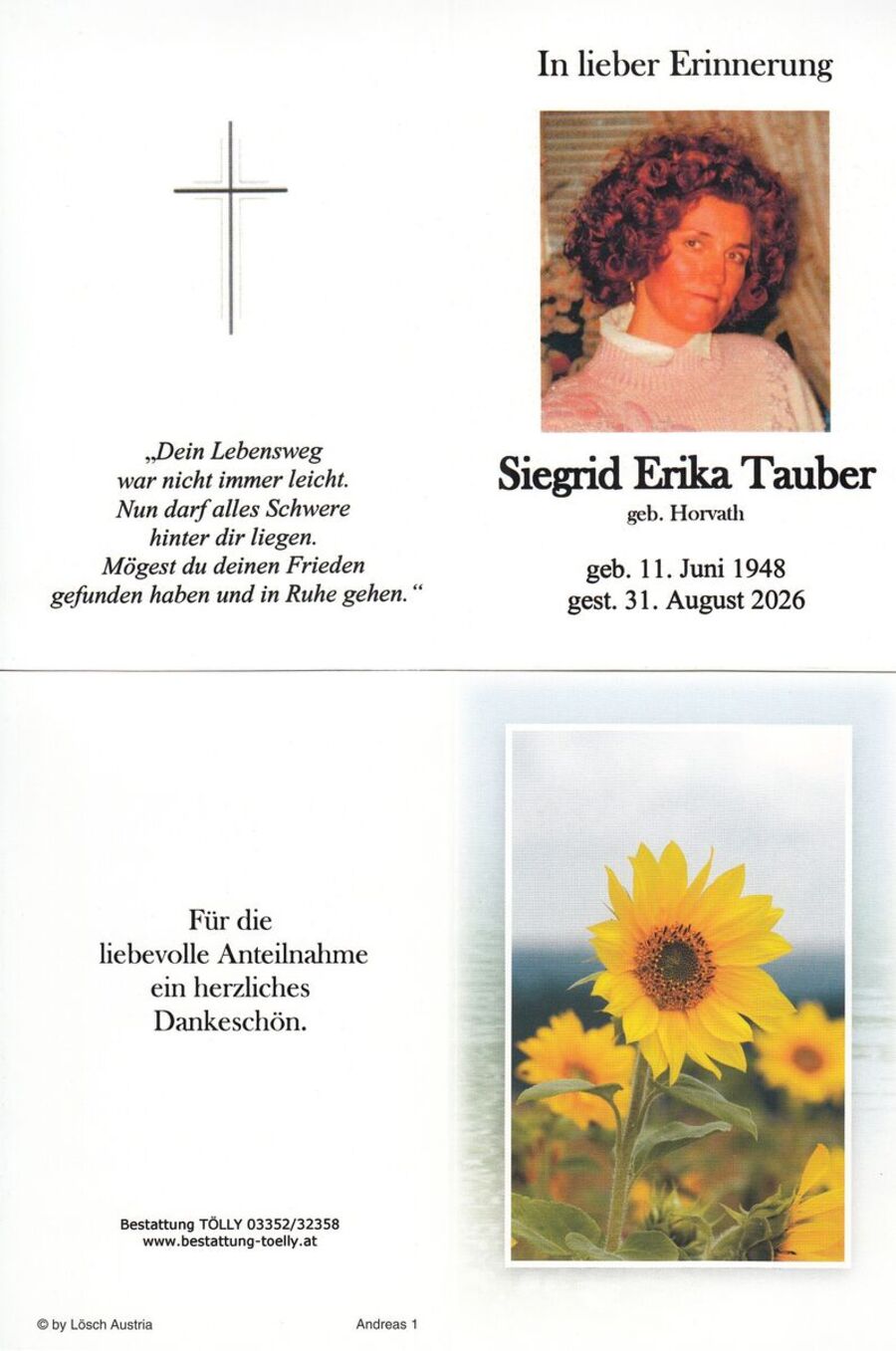 Gedenkkarte Siegrid Erika Tauber