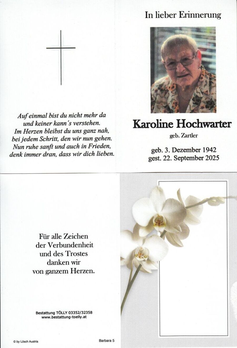 Gedenkkarte Karoline Hochwarter