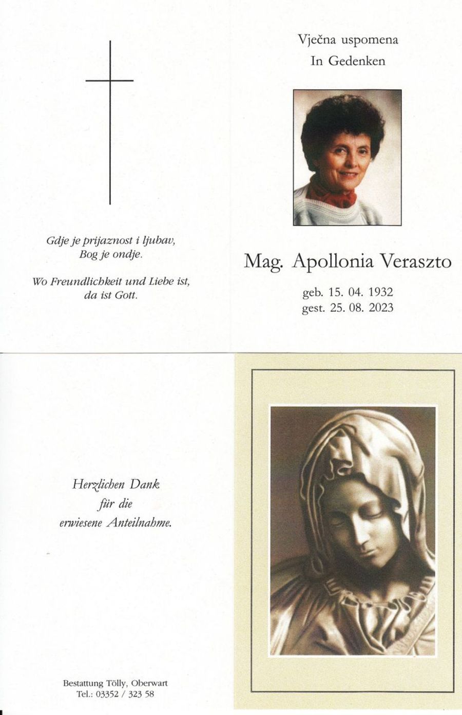 Gedenkkarte Mag. phil. Apollonia Veraszto
