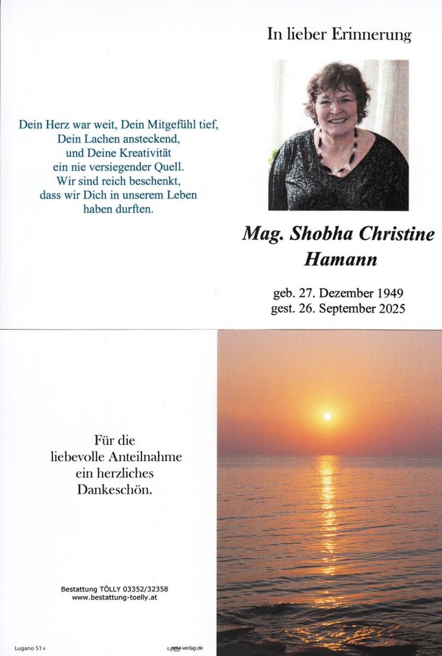 Gedenkkarte Mag. Shobha Christine Hamann