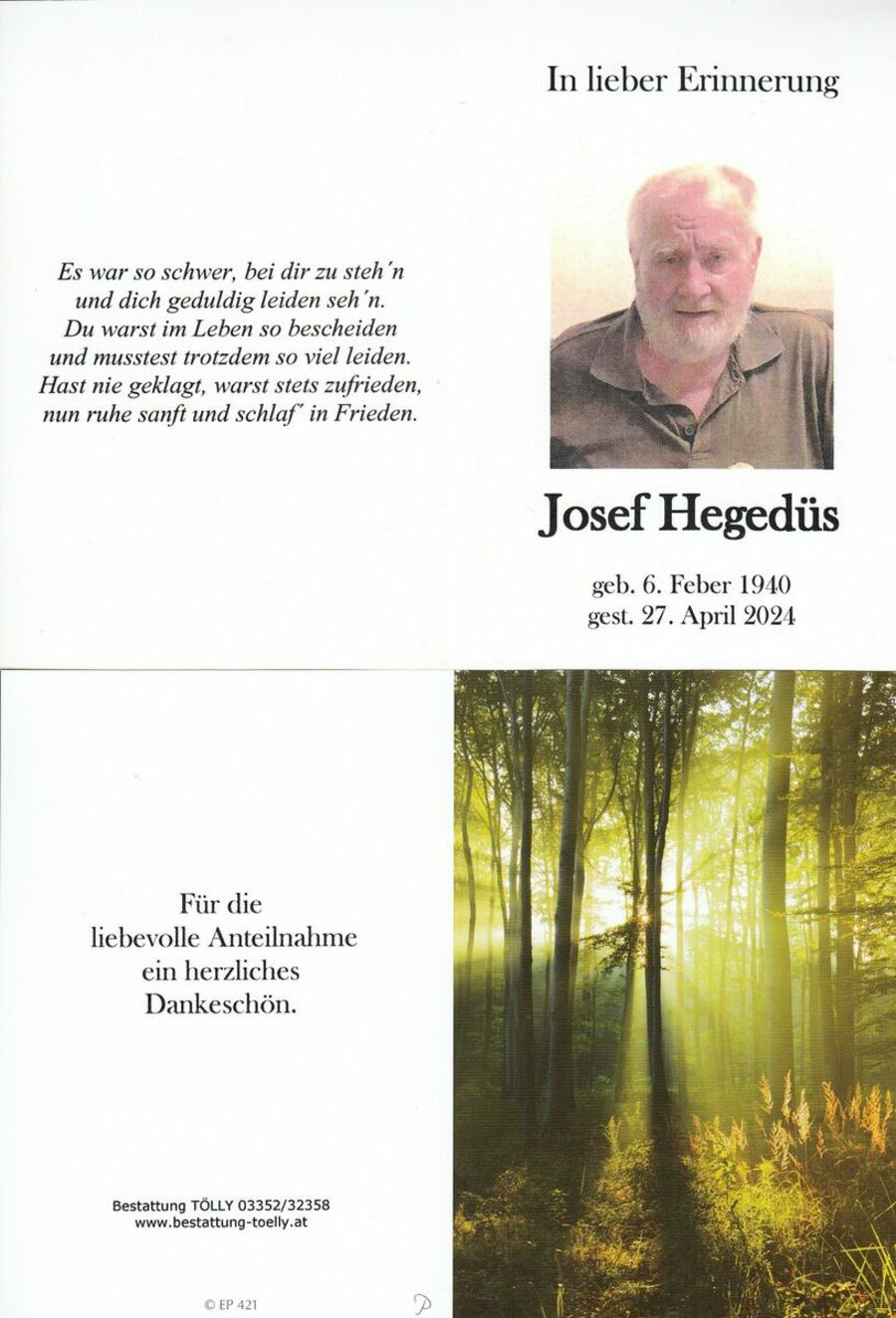 Gedenkkarte Josef Hegedüs