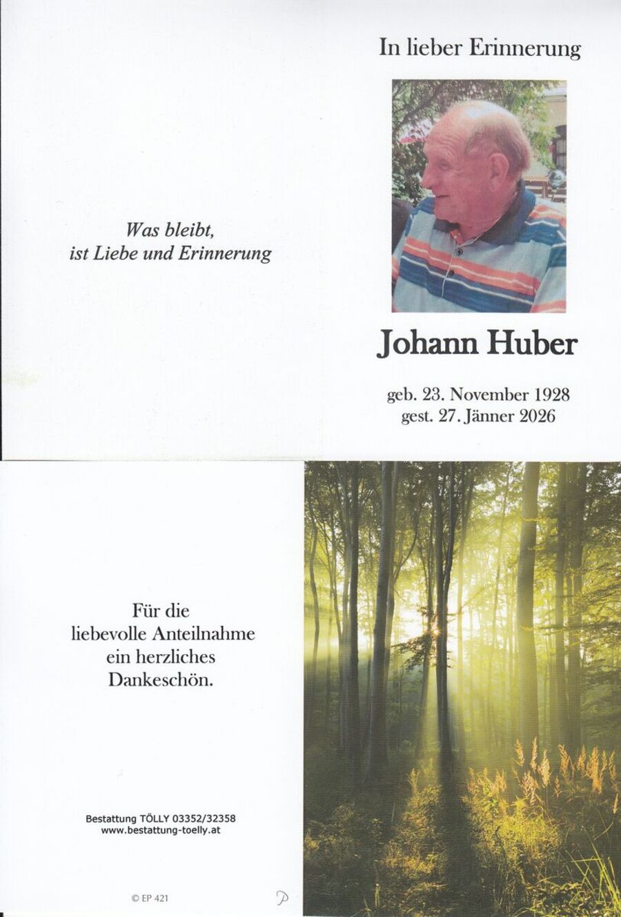 Gedenkkarte Johann Huber