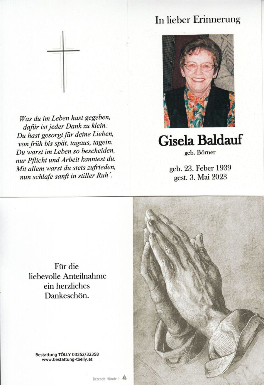 Gedenkkarte Gisela Baldauf