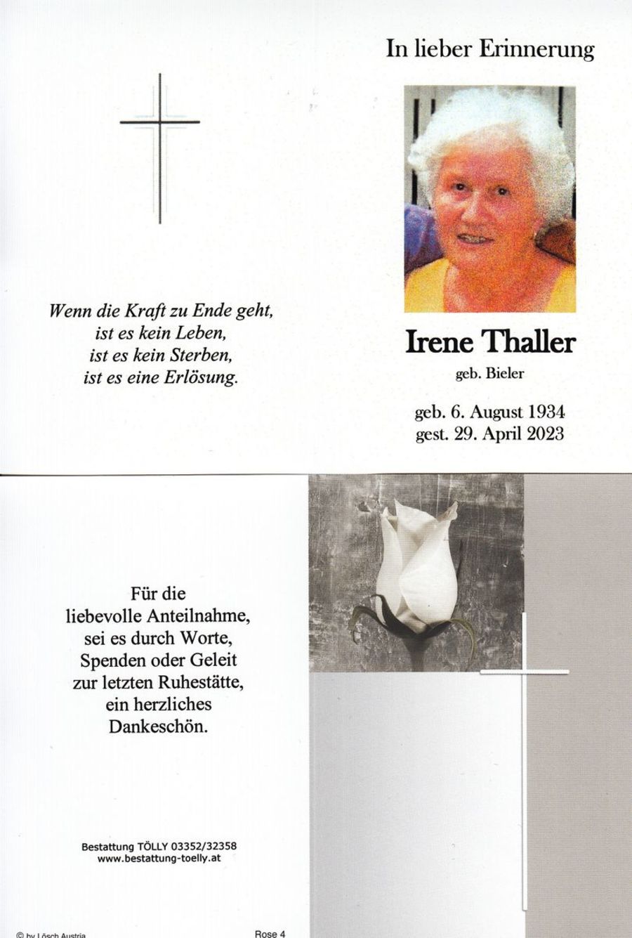 Gedenkkarte Irene Thaller
